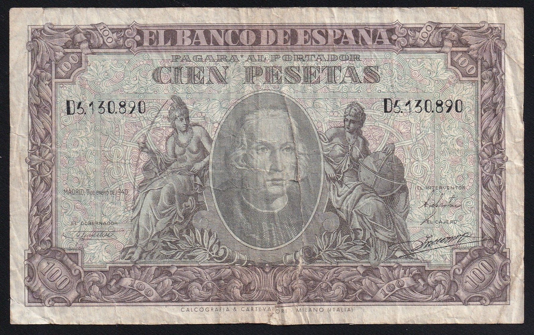Banconote: Spanien 100 Pesetas 1940 – Usato da Brugg AG venduto da banknoten_muesli