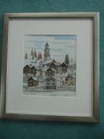 Aquarell Bild Dorfansicht mit Kirche gerahmt