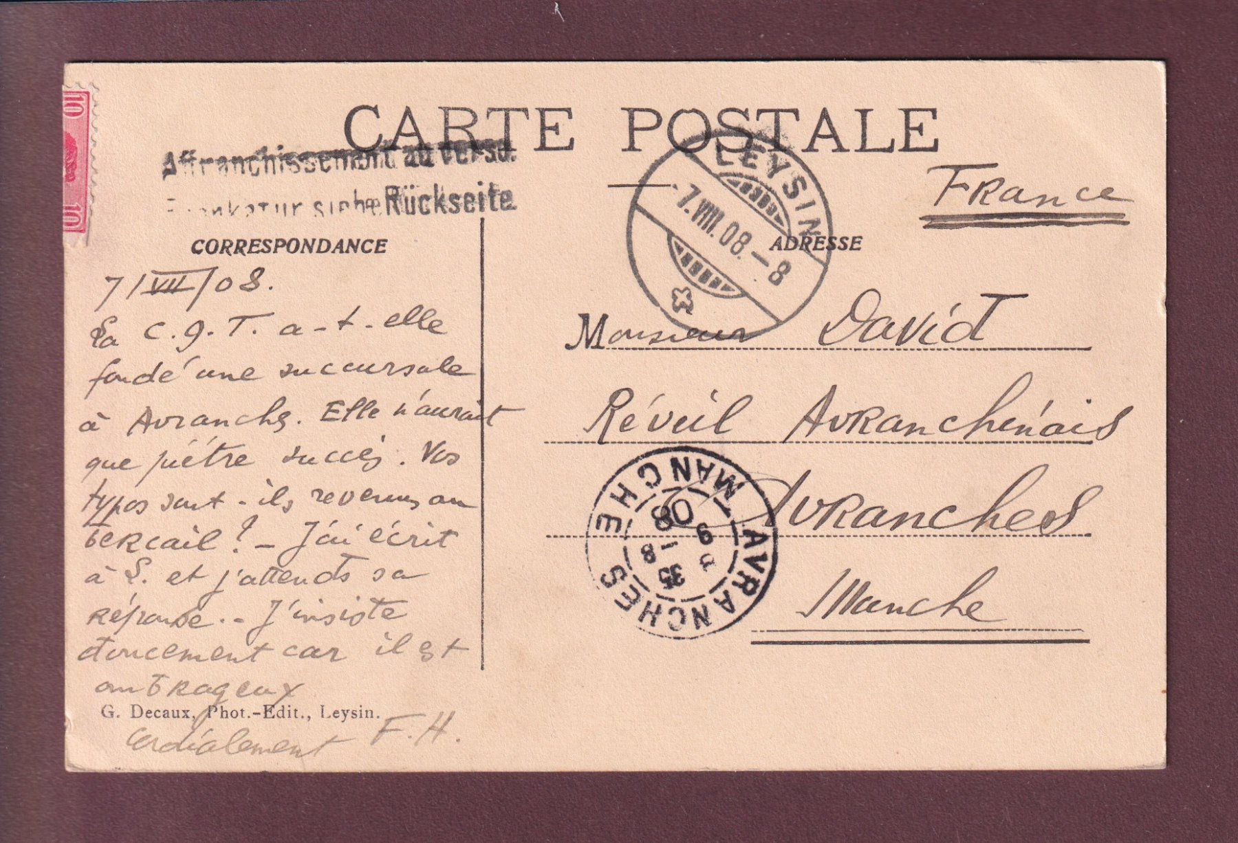 Cartoline postali: LEYSIN - Village - Chamossaire - 1908 – Usato da Pully venduto da nicecards 1