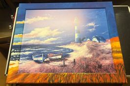 Gemälde Leuchtturm Boote Meer Küste im Rahmen 45x60cm