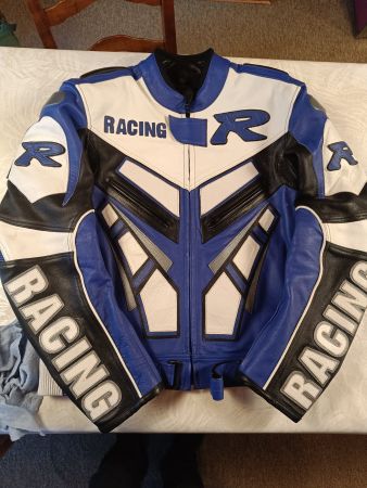 Veste moto Racing cuir bleu blanc noir taille L