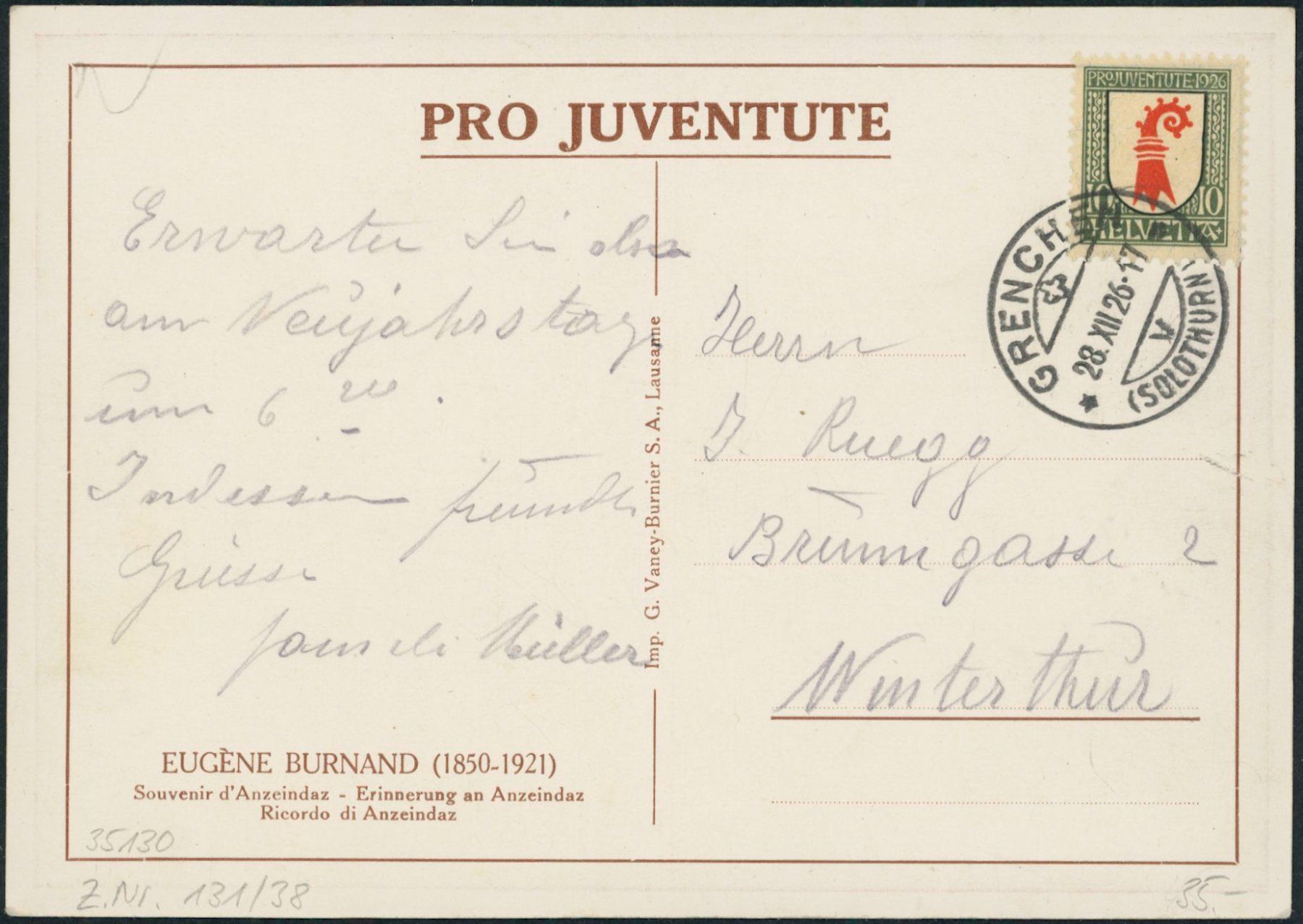 Tutti i francobolli: 1926 - Pro Juventute Karte - Grenchen SO – Usato da Schindellegi venduto da leecollect
