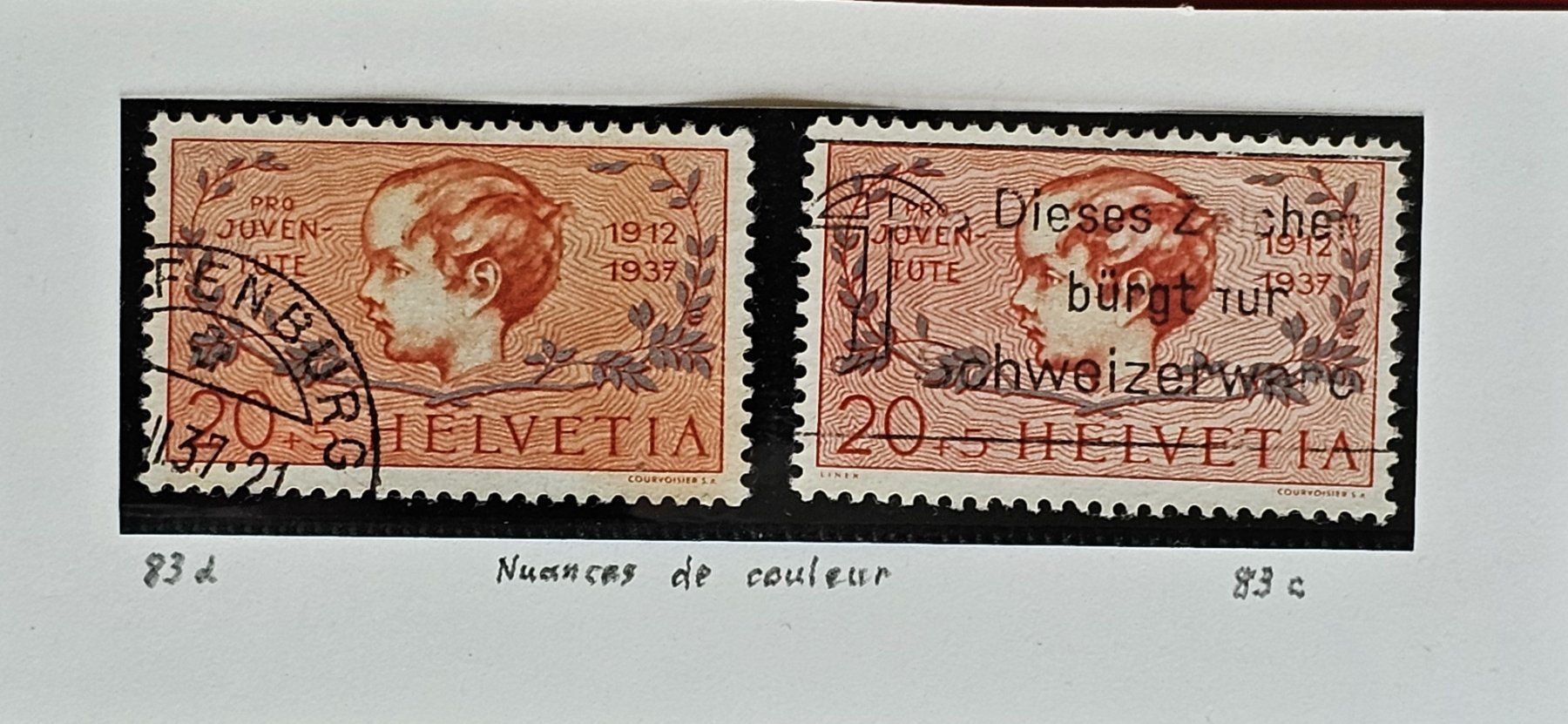 Tutti i francobolli: PRO JUVENTUTE 83 FARBVARIANTEN NUANCES DE COULEUR 1937 GEST. – Nuovo (secondo la descrizione) da Düdingen venduto da Quartierstrasse