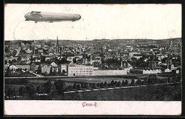AK Gera-R., Zeppelin über den Dächern