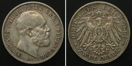 OLDENBURG 2 Mark 1891 NIKOLAUS FRIEDRICH PETER Silber ss-vz