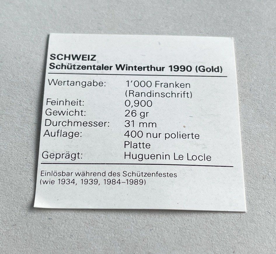Tutti le monete: Schützentaler Winterthur 1990 Gold – Nuovo e nell'imballaggio originale da Emmenbrücke venduto da DanielStulz62 6