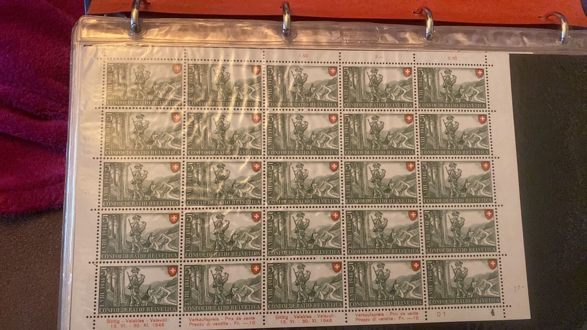 Bogenschiessen: 20 CH-Briefmarken 5 Rappen "Gotthardpost" ungestempelt – Gebraucht aus Geroldswil von Fiury