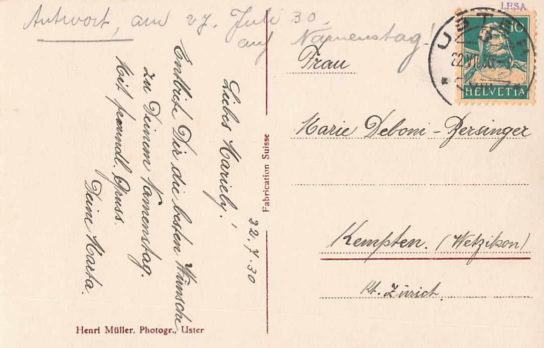 Cartoline postali: Schöne Ansichtskarte Uster 1930 ZH Zürich – Usato da Winterthur venduto da SchatzchischtliWinti 1