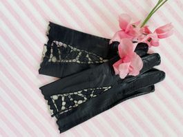 Handschuhe Leder Gr. 7.5 schwarz durchbrochen VINTAGE 1960s