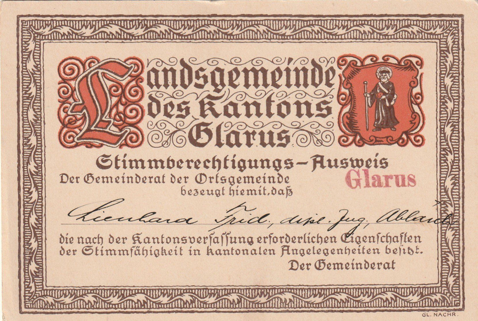 Cartes postales: Glarus Stimmausweis Landsgemeinde ca. 1920 – D'occasion à Rorschacherberg par fratovi2