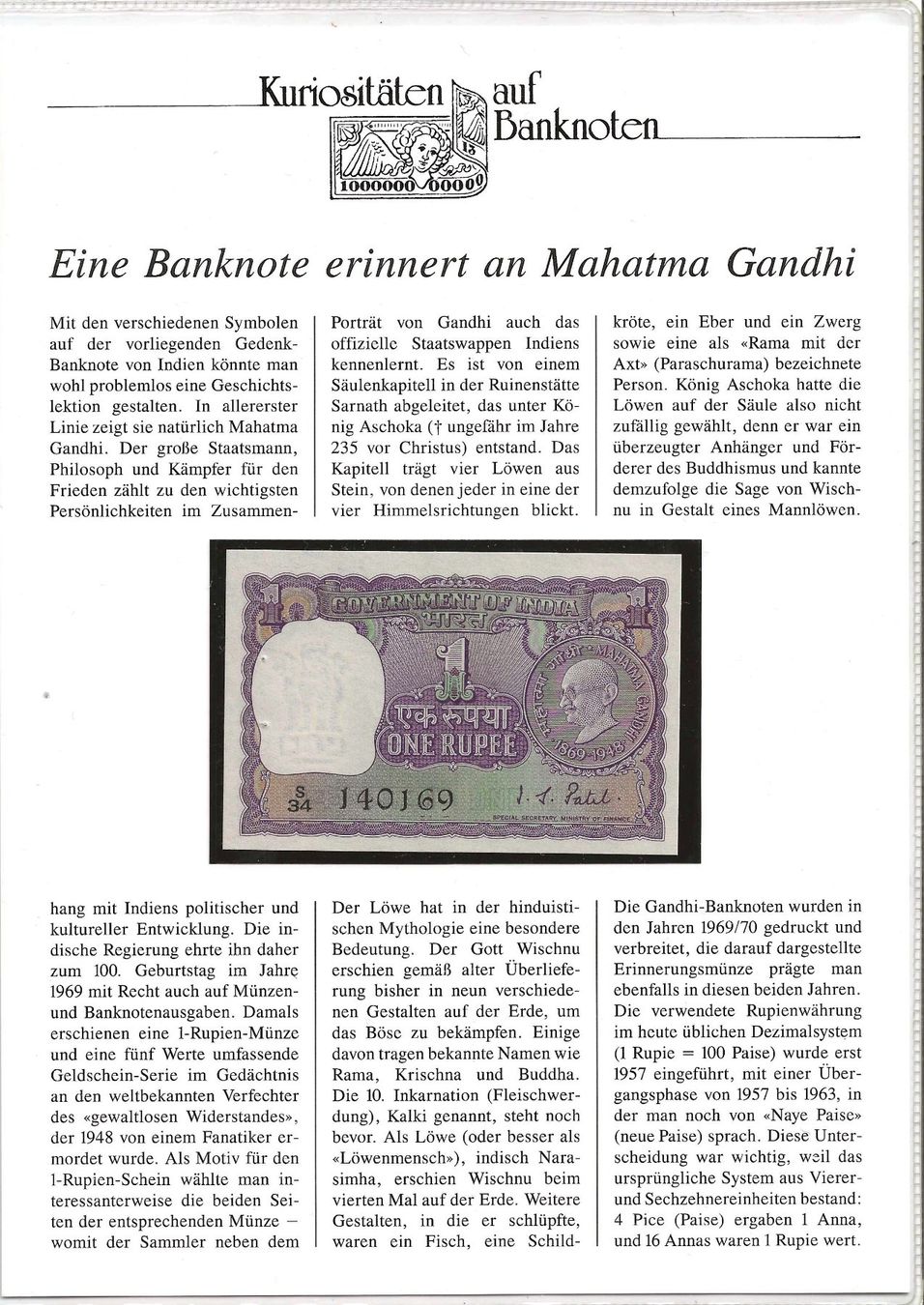 Banconote: Banknote Indien 1969 – Usato da Zürich venduto da Philacat11
