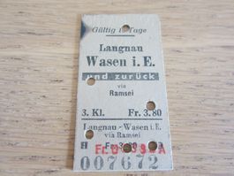 Billett Langnau-Wasen, gestempelt 5. April 1956, Kleberesten