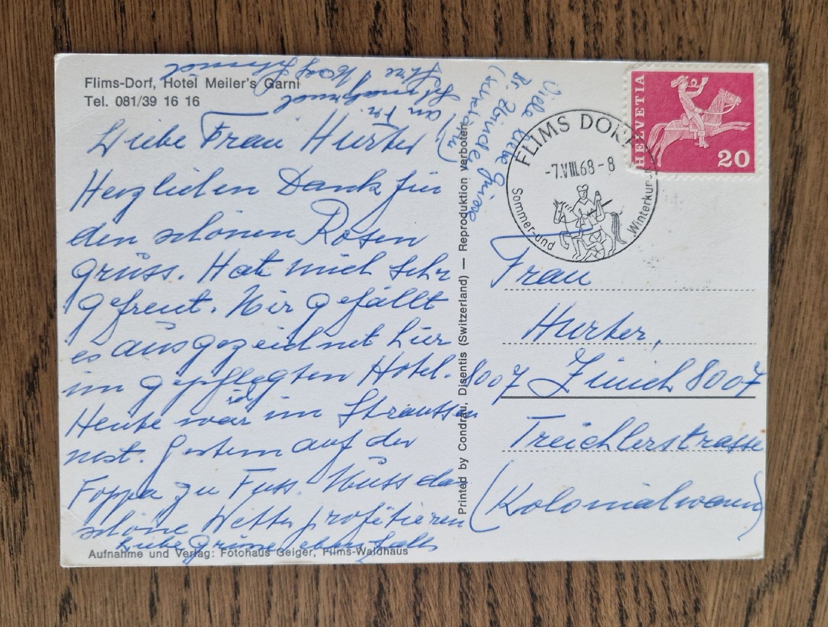 Cartoline postali: Flims, Hotel Meier's Garni 1968 – Usato da Ebikon venduto da Donar50 1
