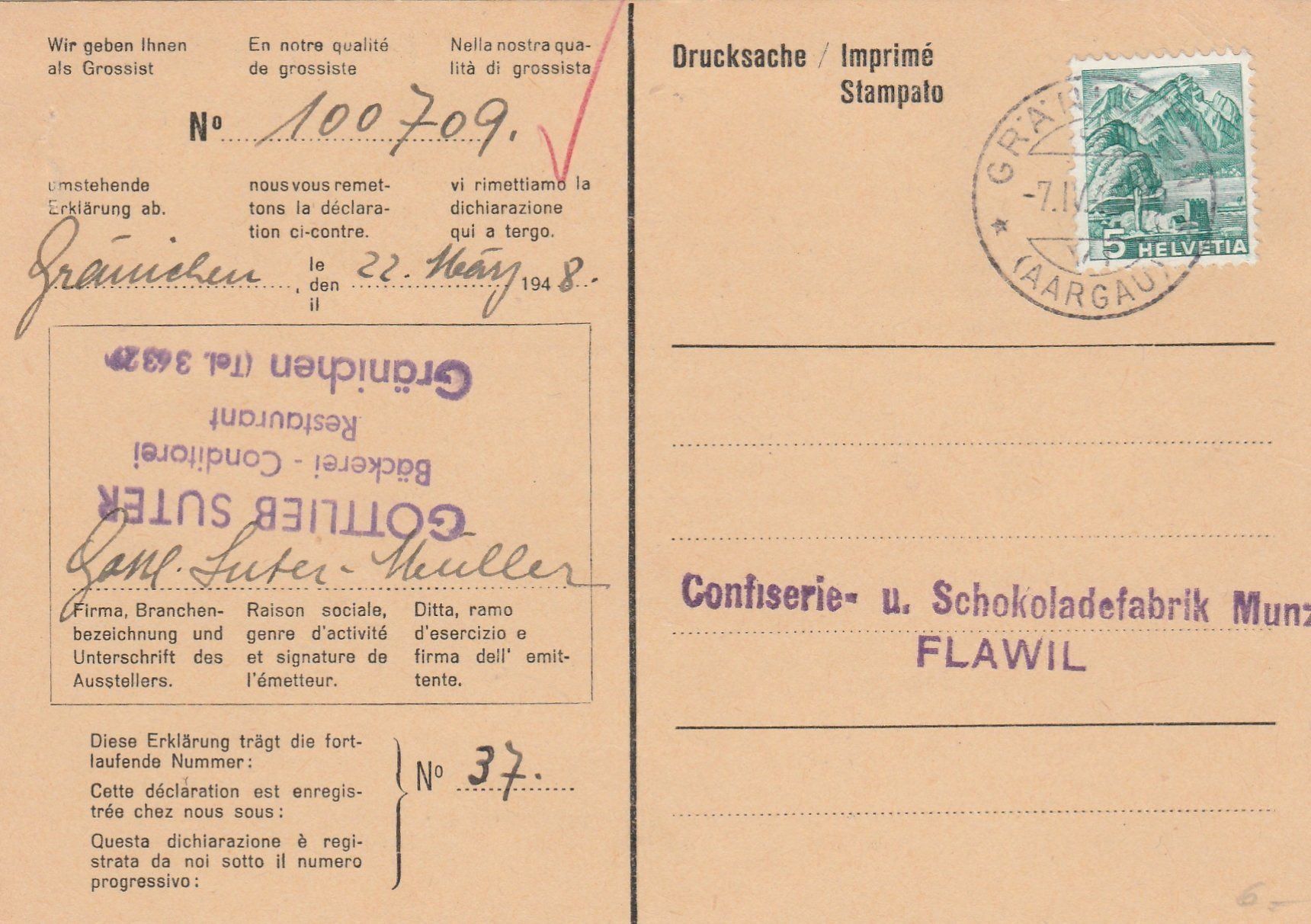Cartoline postali: AG-Gränichen-Bäckerei-Conditorei-G.Sutter – Usato da uttwil venduto da Koehlerfred