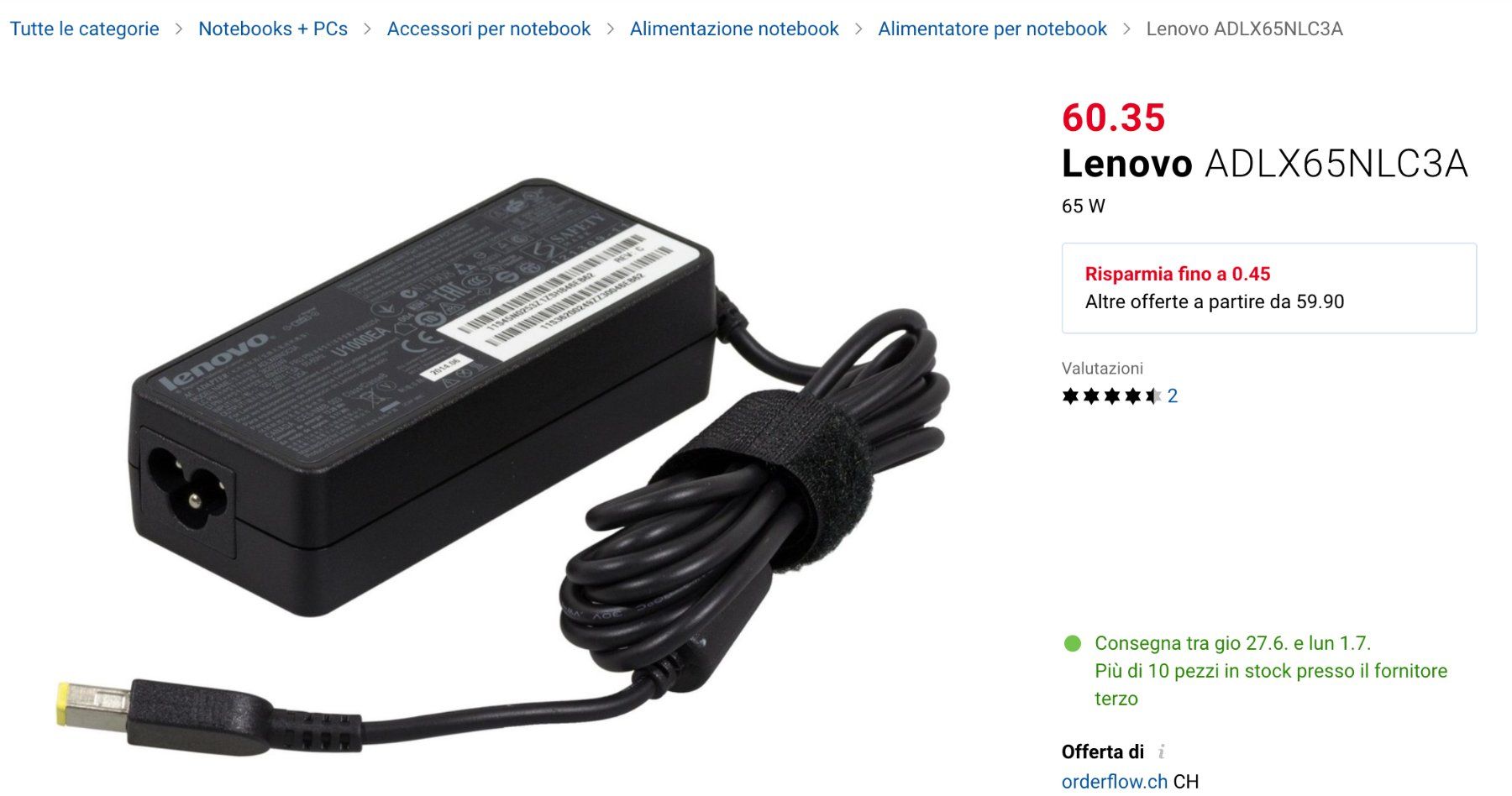 Lenovo Unità & Adattatore: Adapter Lenovo ADLX65NLC3A – Usato da Lugano venduto da _tuttifrutti_ 2