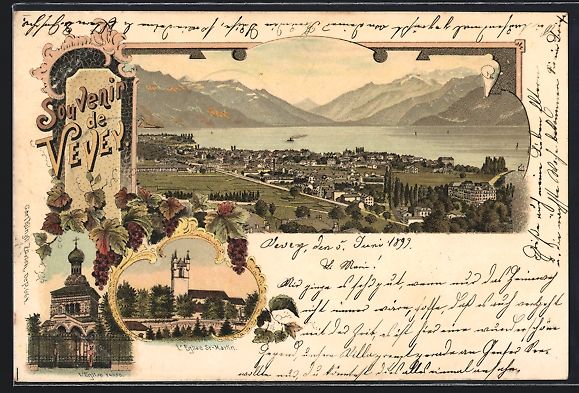 Cartoline postali: Litho Vevey, Ortsansicht von oben, St. M – Usato da Berlin venduto da bartko-reher