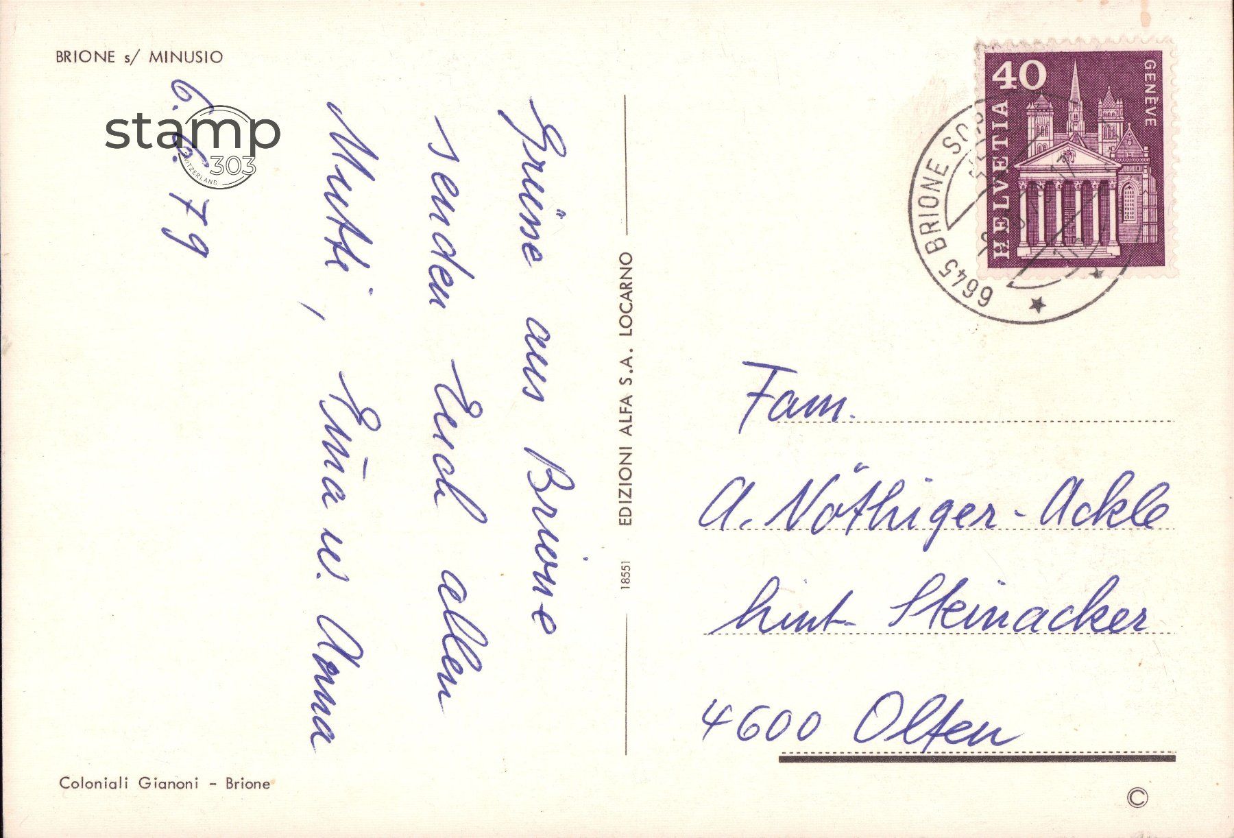 Cartoline postali: 1979 AK Brione s. Minusio – Usato da Eggersriet venduto da stamp303 1