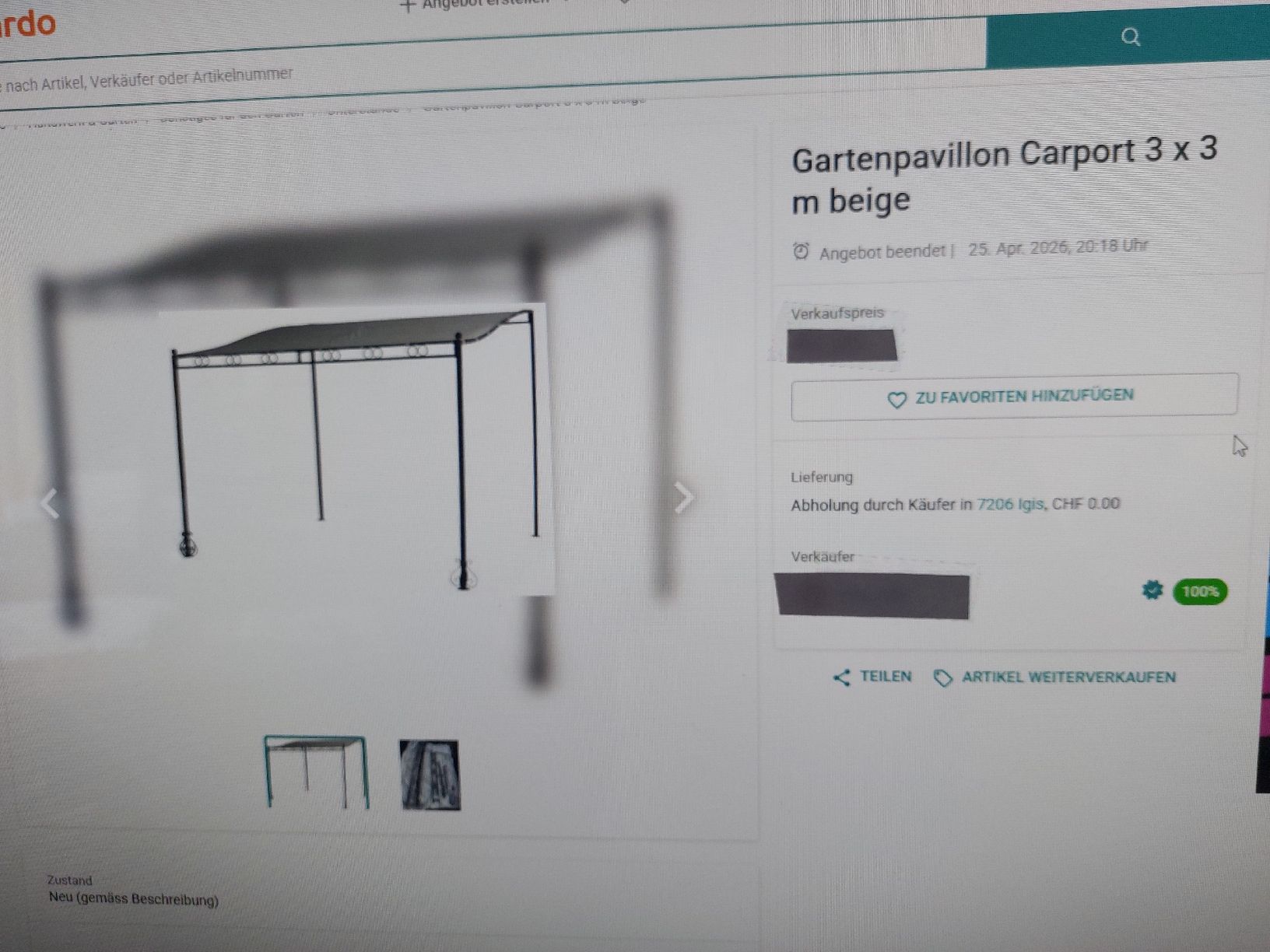 Rifugi: Gartenpavillon 3x3m antrazit – Nuovo (secondo la descrizione) da Landquart venduto da Cedes