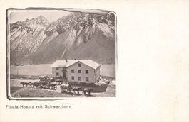 Flüela Hospiz GR Postkutschen vor dem Hospiz mit Schwarzhorn