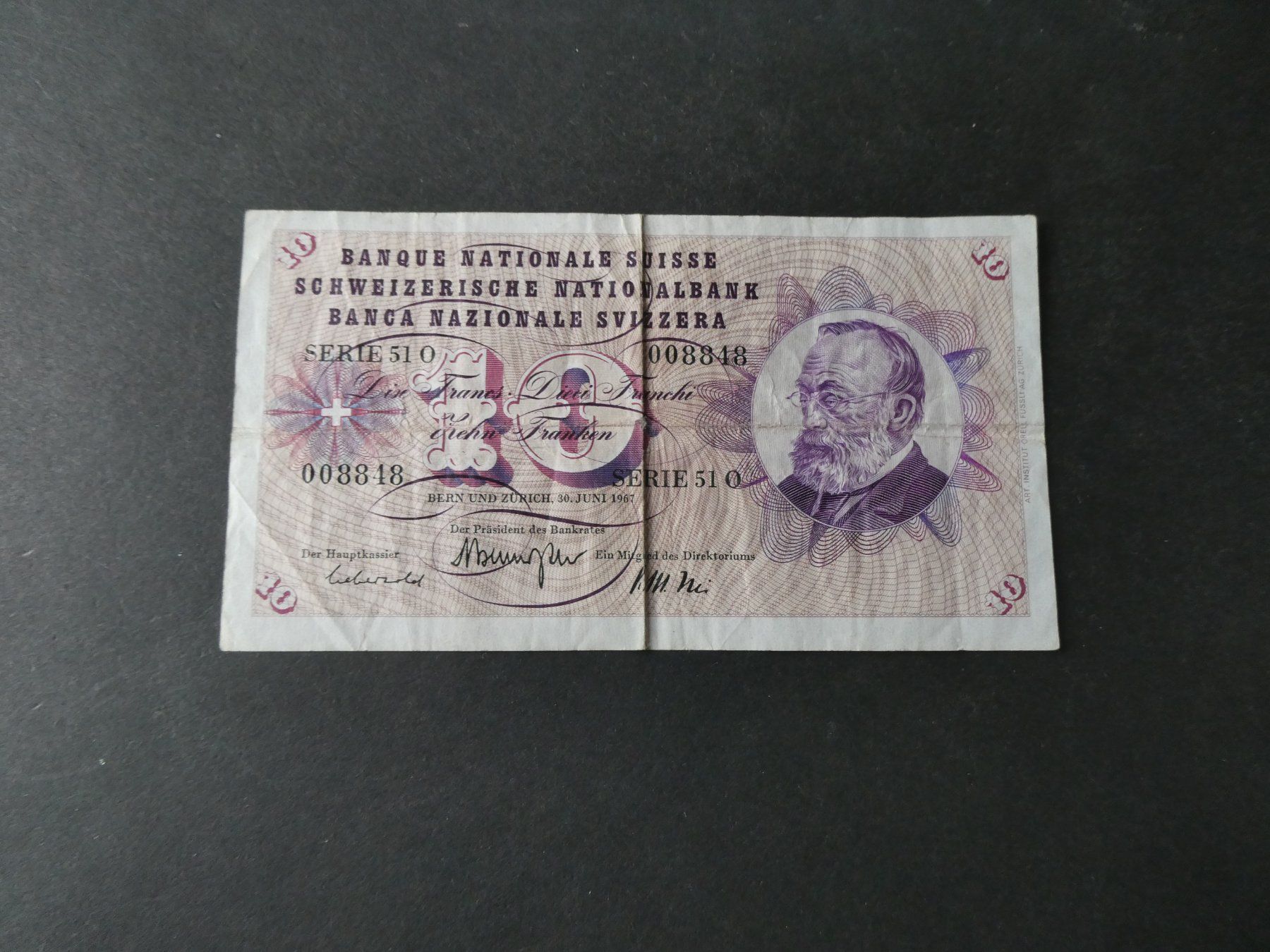 Banknoten: Schweiz 1967, 10 Franken – Gebraucht aus Hinterforst von Rohusri