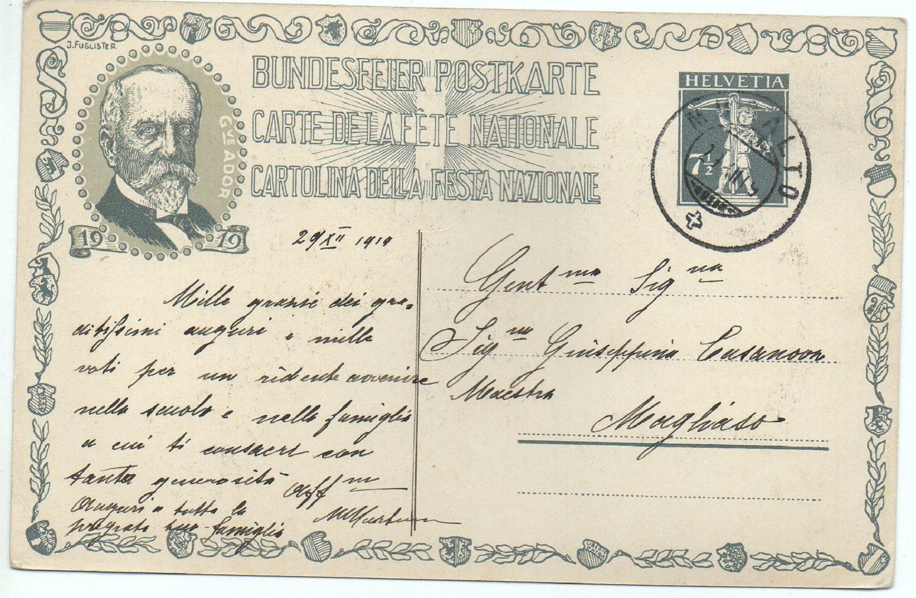 Cartoline postali: BUNDESFEIER-POSTKARTE 1919 Gottfried Keller 1872 – Usato da Jona venduto da philajona 1