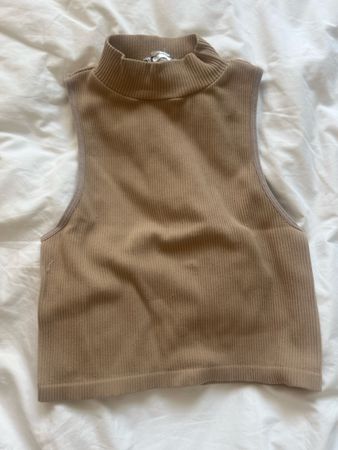 Zara Ribbed Knit Mock Neck Sleeveless Top, Taupe, M/L