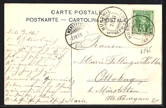 Cartoline postali: AK Hundwil, Ortsansicht mit Kirche, 1908 – Usato da Berlin venduto da bartko-reher 1