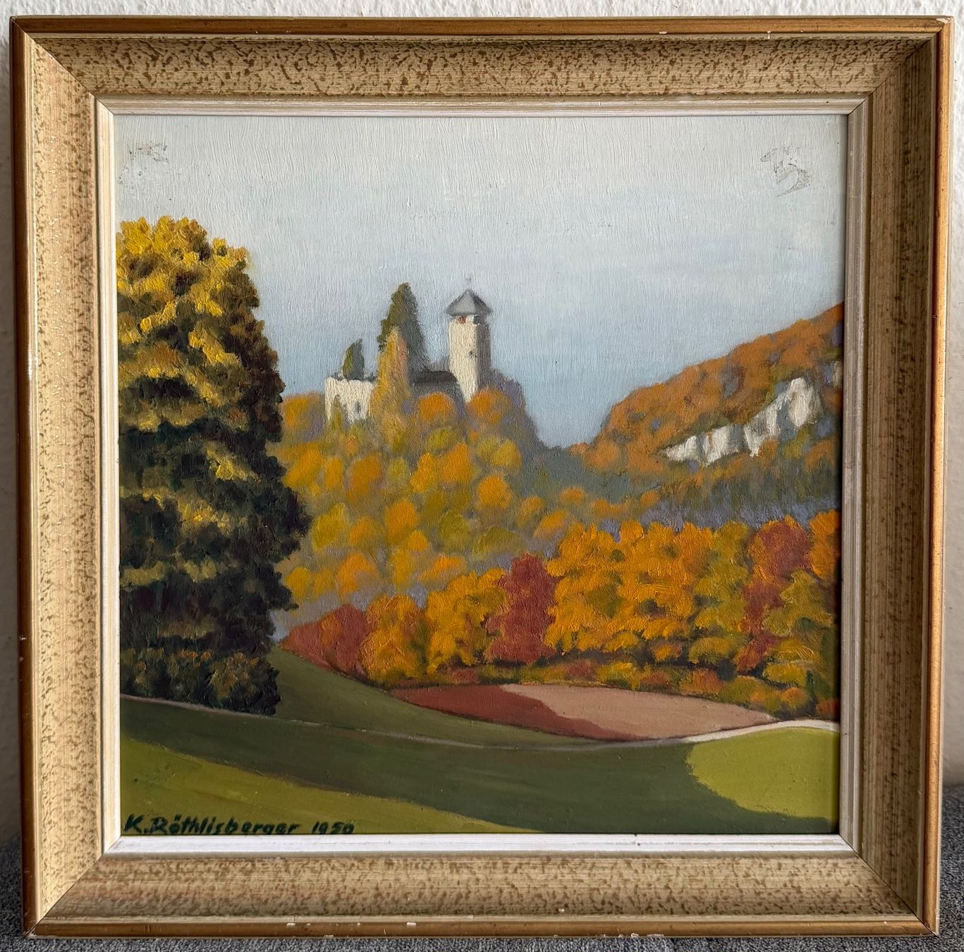 Dipinti: K. Röthlisberger 1950 Schloss Herbstlandschaft ÖlGemälde – Usato da Basel venduto da PAUL_ART