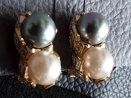 Vintage vergoldete Ohrclips Perle Strass 90er Vollmer Bahner
