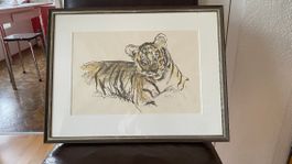 Fritz Hug Lithografie Tiger gerahmt