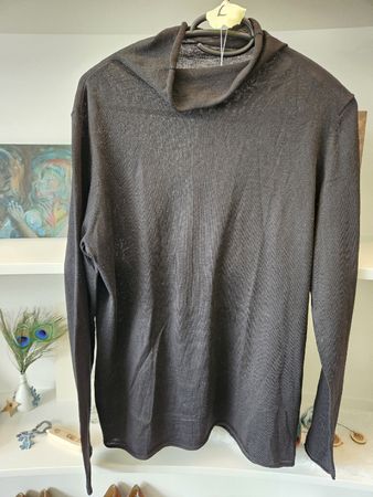 Rollkragen Wasserfall Pullover schwarz dünn Feinstrick Gr L