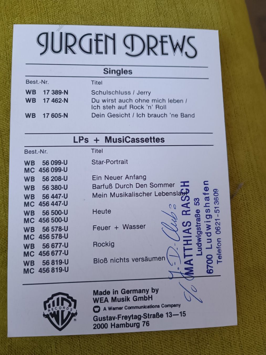 Autografi: Jürgen Drews - handsignierte alte Autogrammkarte – Usato da Menziken venduto da Artographs 1