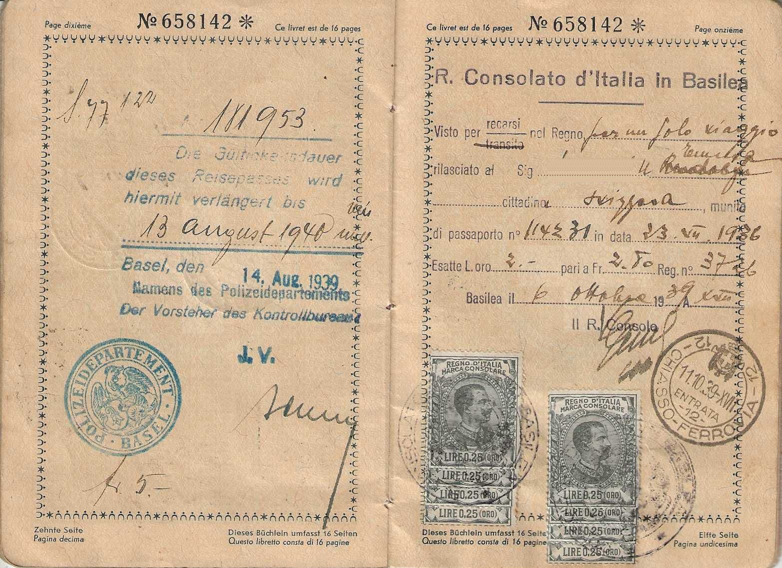Documenti: Schweizerpass 1936 Basel. Div. Zollmarken Italien – Usato da Basel venduto da Bingis 4