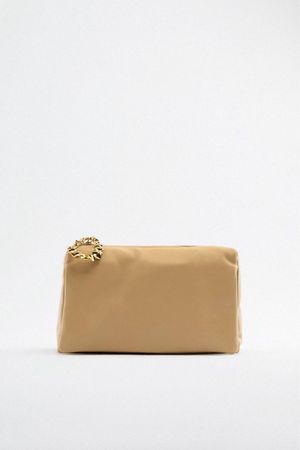 Zara Beige Leather Clutch Bag Purse Gold Detail NP 160FR NEW