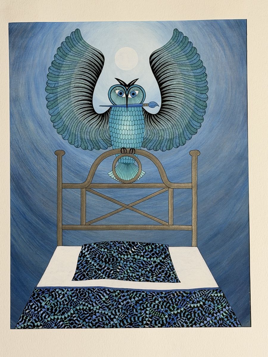 Poster & Bilder: Kunstwerk: Handgemaltes Bild mit Eule & Bett, blau. – Gebraucht aus Gunten von starfish3 1