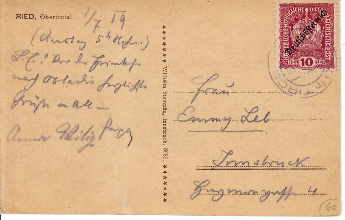Cartoline postali: Ried Oberinntal 1919 – Usato da Hochdorf venduto da Ziegel-16 1