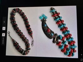 2 colliers genre ethnique-pierre et style turquoise et corai