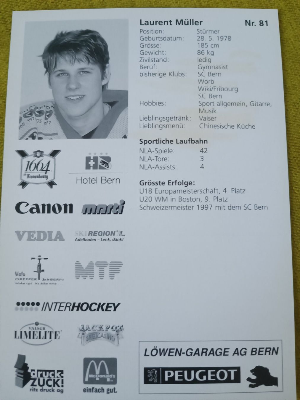 Autografi: Laurent Müller - SCB - handsigniert alte Autogrammkarte – Usato da Menziken venduto da Artographs 1