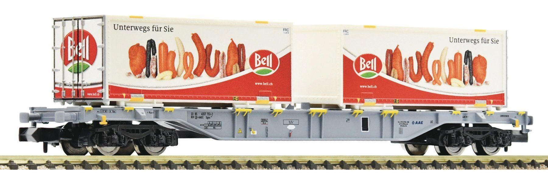Fleischmann Modellini di ferrovie: Fleishmann AAE Containertragwagen, BELL ""  NEU UND OVP  "" – Nuovo e nell'imballaggio originale da Pfaffnau venduto da nolff
