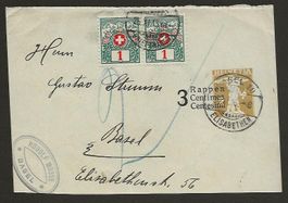 1915  3 auf 2 Rappen kleiner Streifband Ausschnitt mit Porto