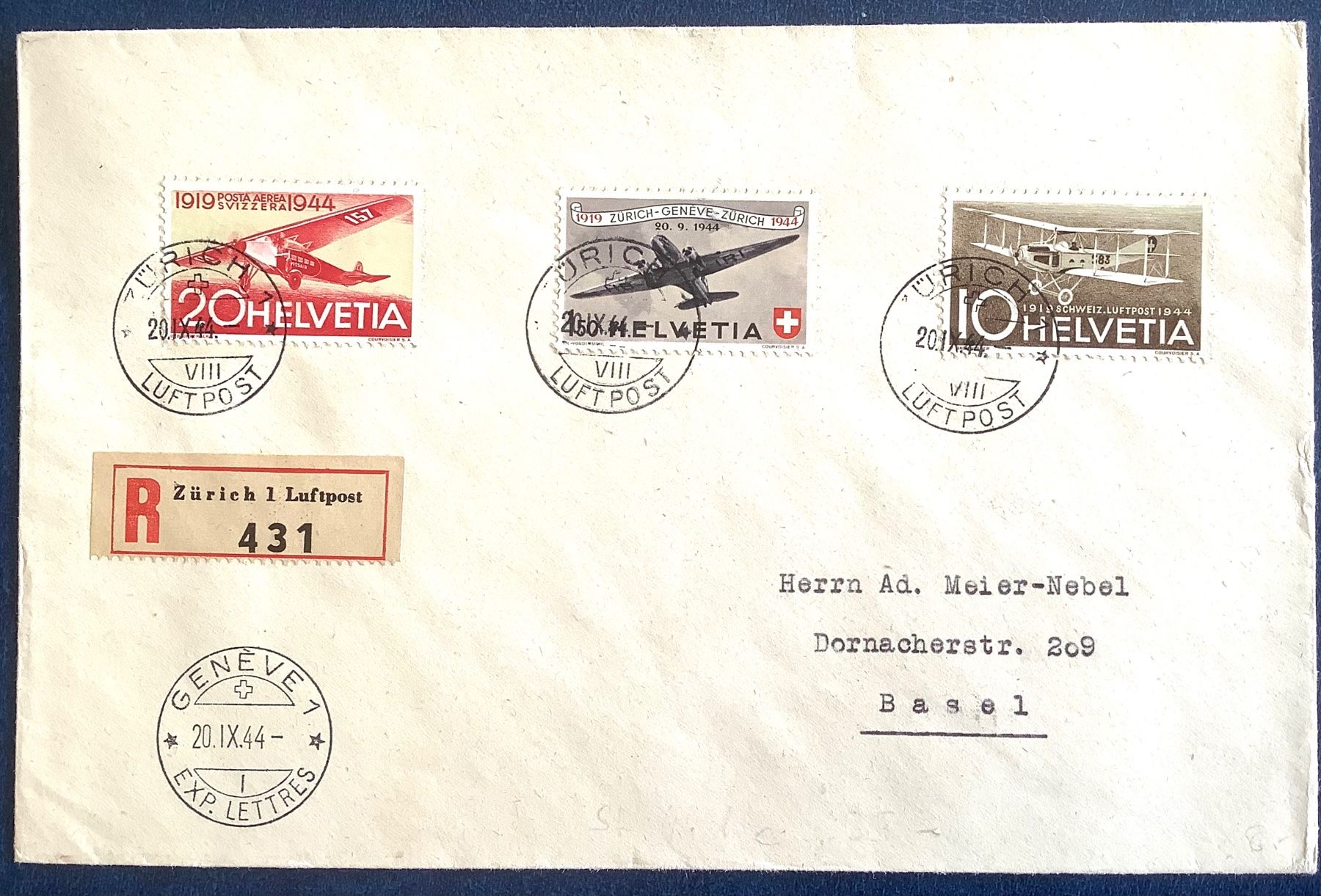Tutti i francobolli: 1944 / R - Brief / Flugpost -  Genéve - Basel – Usato da Liestal venduto da Skunk02
