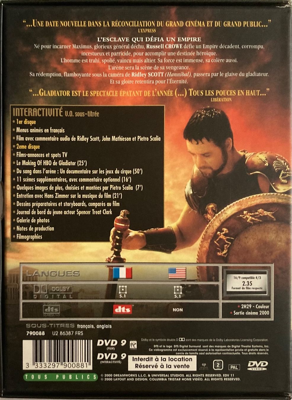 Tutti i DVDs: RIDLEY SCOTT / RUSSELL CROWE - GLADIATOR – Usato da Poliez-Pittet venduto da Newtown-Records 1
