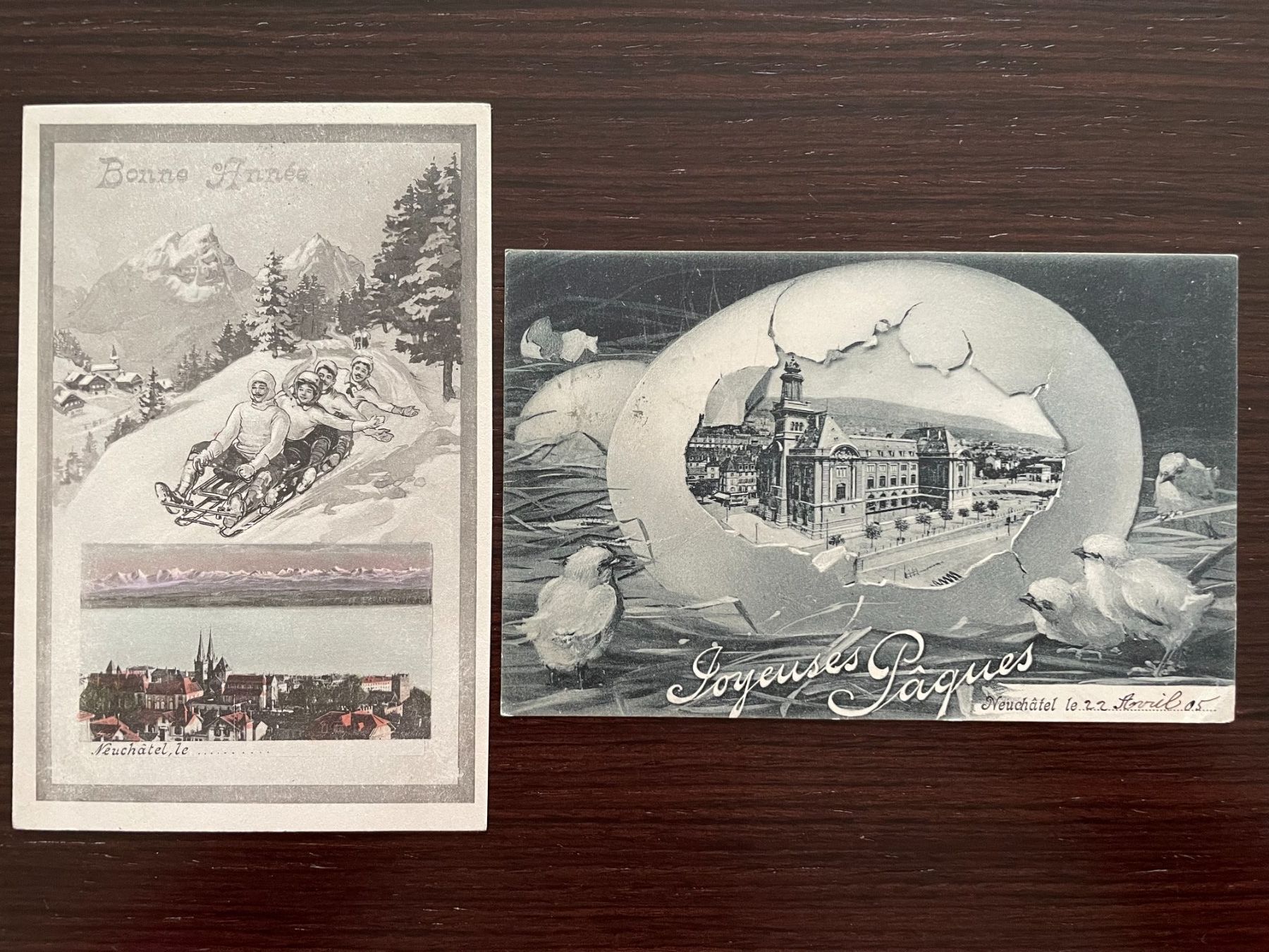 Cartoline postali: NEUCHÂTEL  2 Kitschkarten, Bonne Année, Joyeuses Pâques – Usato da Wald ZH venduto da TLILEF