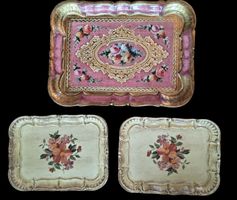 3 Vassoi Fiorentini Vintage in Legno Dorato e Dipinti a Mano