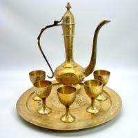 Service à thé ottoman turc en laiton gravé 7 pièces