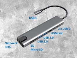 Adapter 8 in 1 USB-C auf Lan, Micro SD, HDMI, USB A, USB C