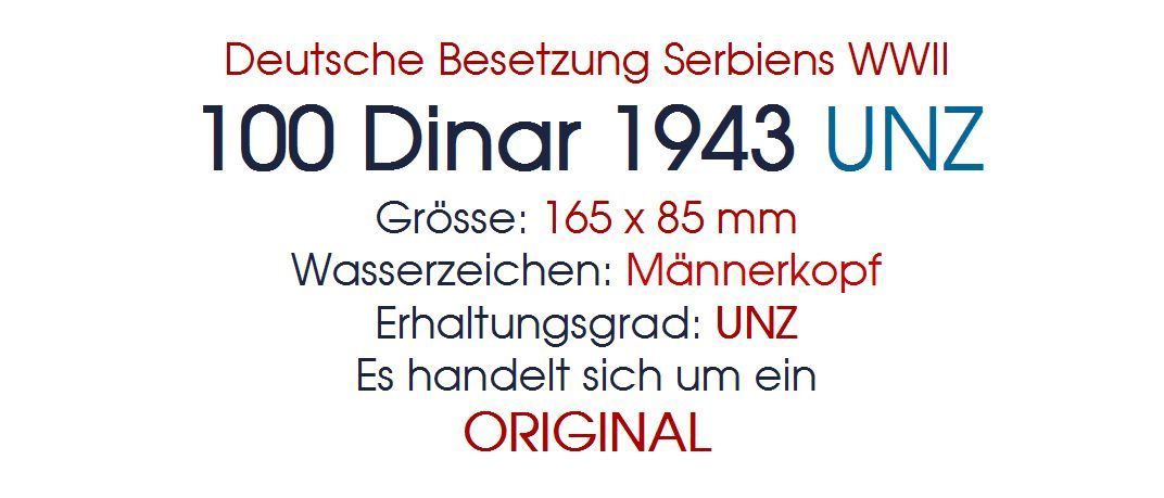 Banconote: 100 Dinar 1943 WW2 UNZ – Nuovo (secondo la descrizione) da Flamatt venduto da samowarow 3