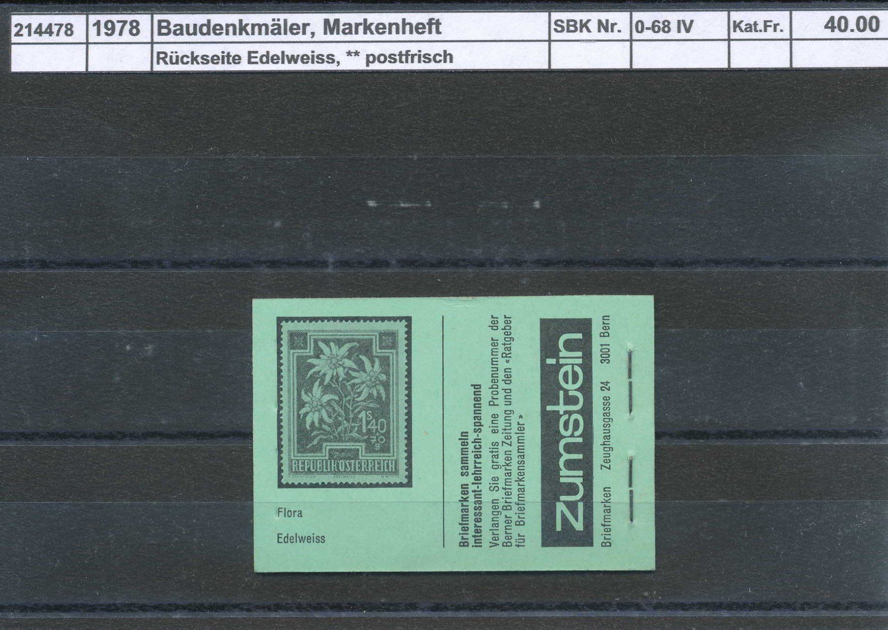 Tutti i francobolli: 1978 Baudenkmäler, Markenheftchen "grün", ** postfrisch – Nuovo (secondo la descrizione) da Winterthur venduto da Zupogeru