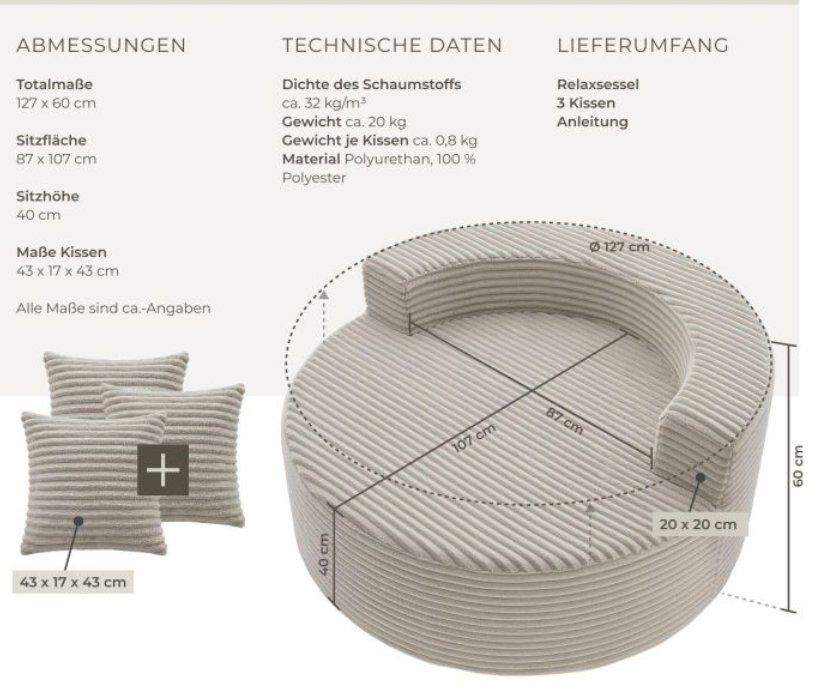 Poltrone: Relaxsessel Sofa Love Samtcord beige – Nuovo (secondo la descrizione) da Steinhausen venduto da Retourenprofis 1