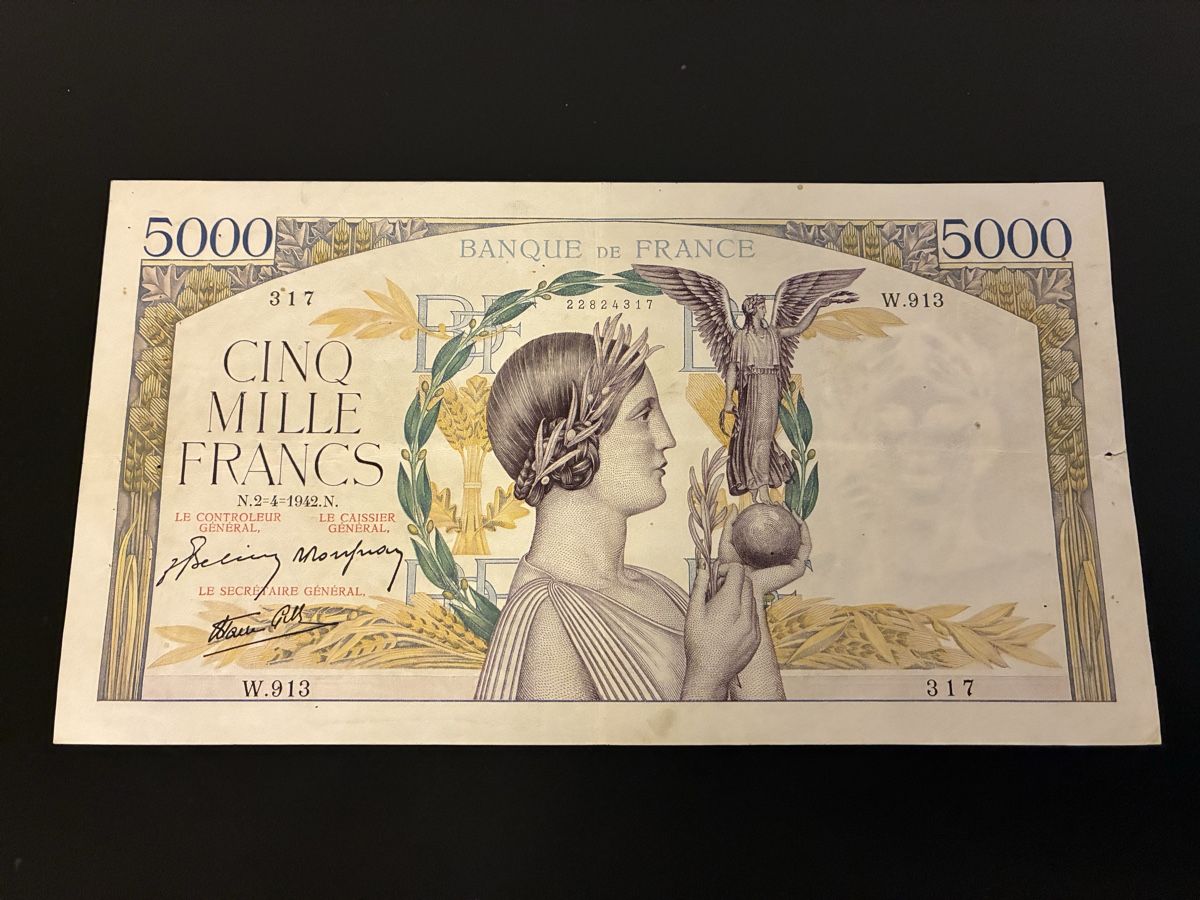 Banknoten: 5000 Francs 1942  – Gebraucht aus Dällikon von Woldbanknoten